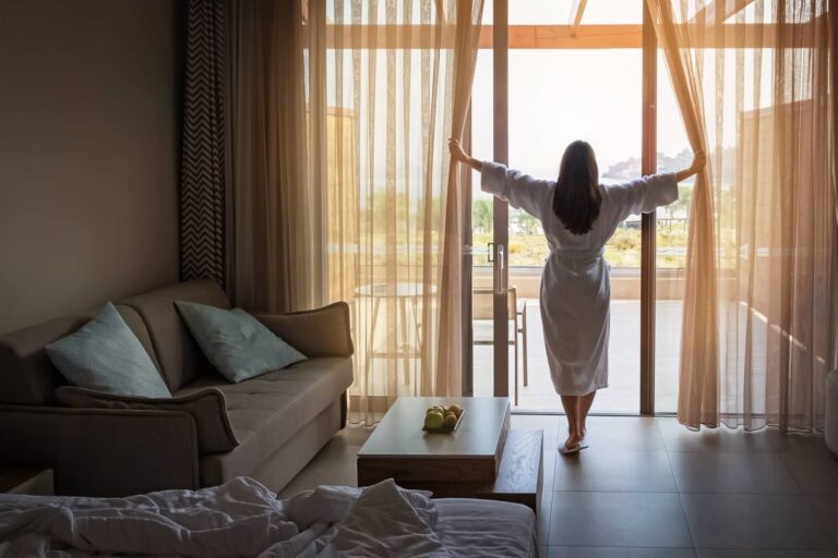 Sun control window film in hotel room